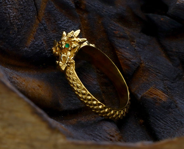 Ouroboros Dragon, Emerald Gemstones, 14k Solid Yellow Gold Ring