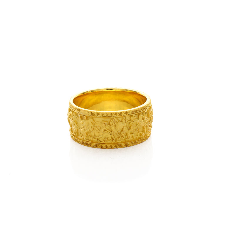 10mm Custom Made, Dome Shaped, 14k Solid Yellow Gold Ring with Alexander the Great Sarcophagus Relief