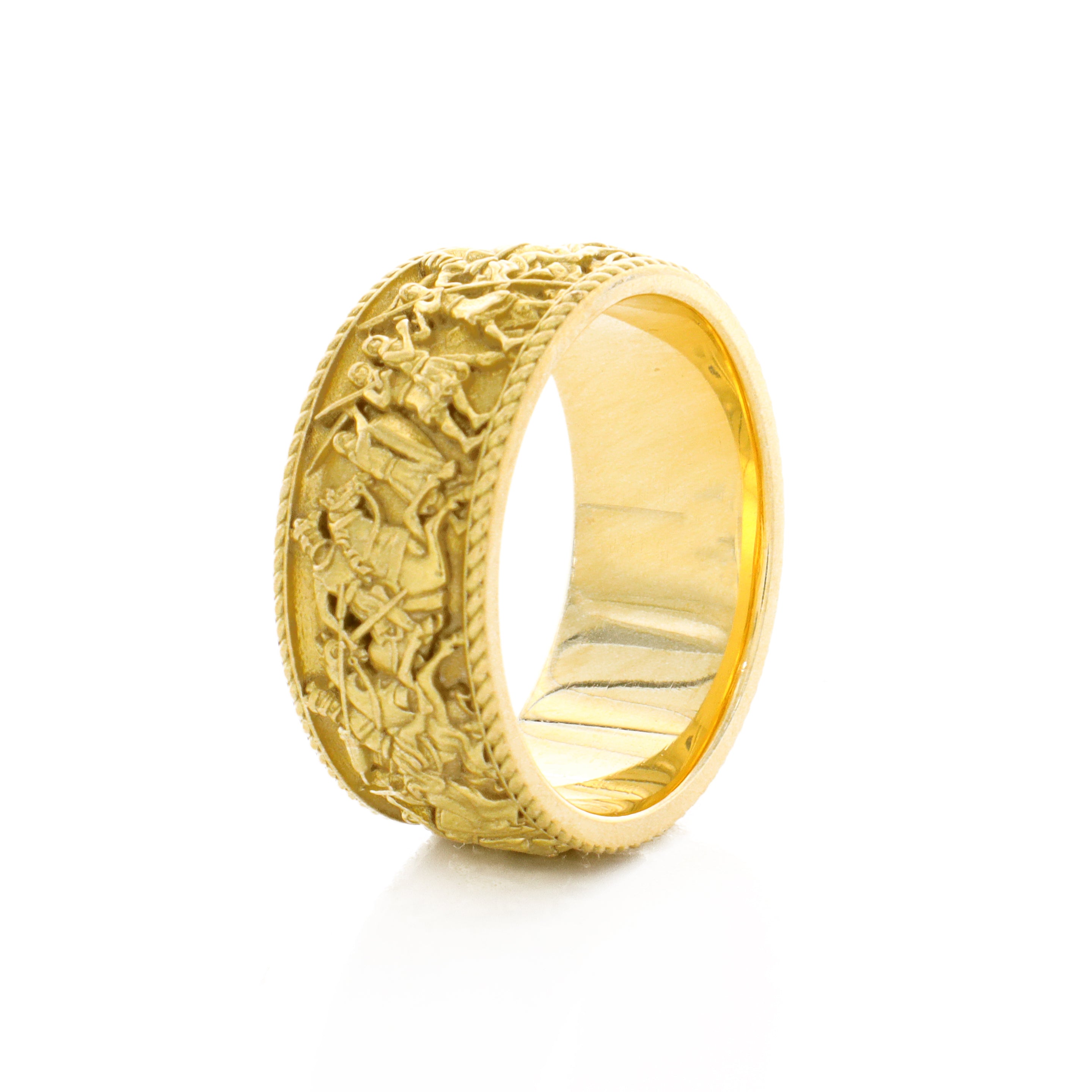 10mm Custom Made, Dome Shaped, Solid Yellow Gold Ring with Medieval Battlefield Depiction