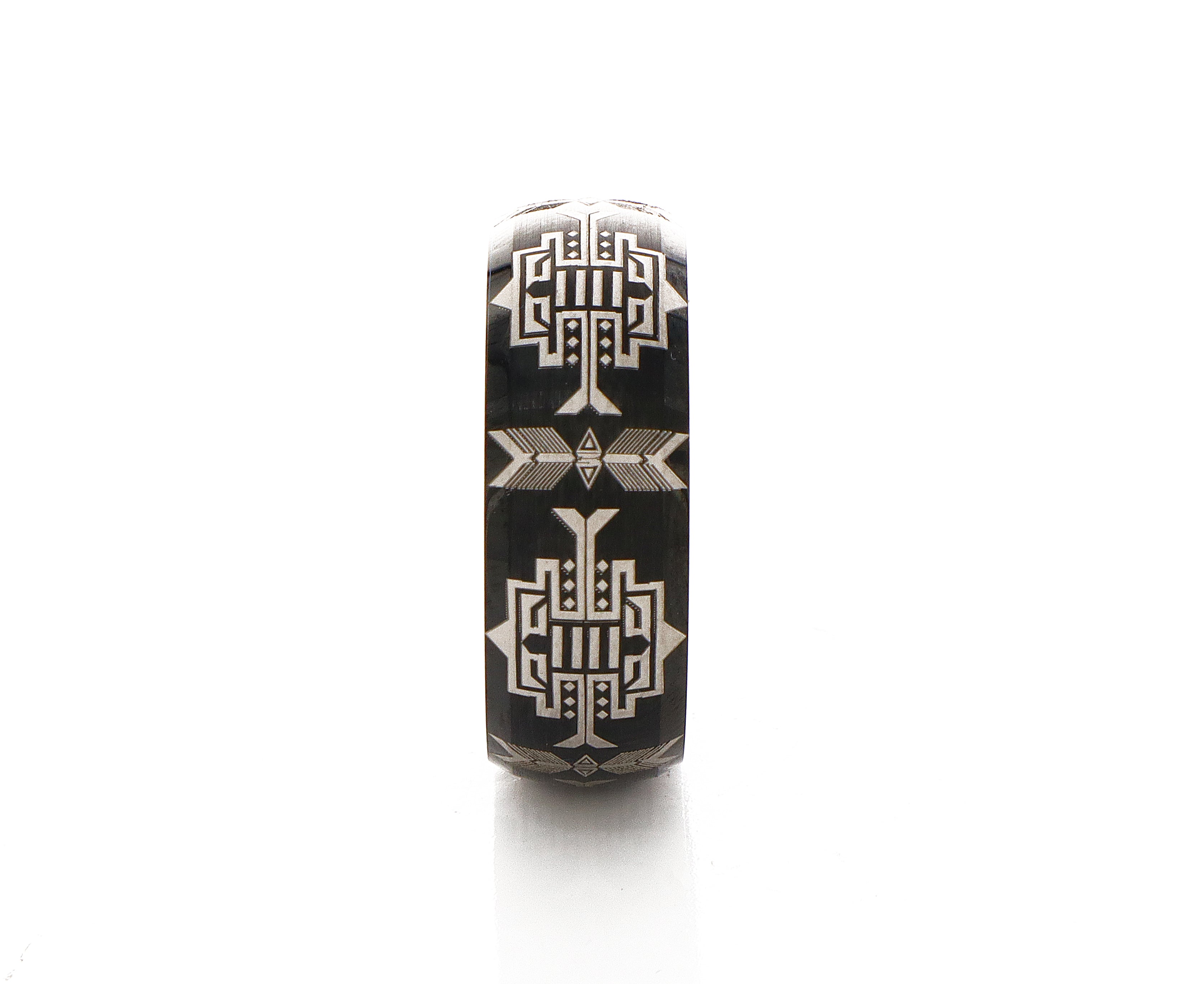 8mm Black Plated Tungsten Ring with Native American Tribal Engravings