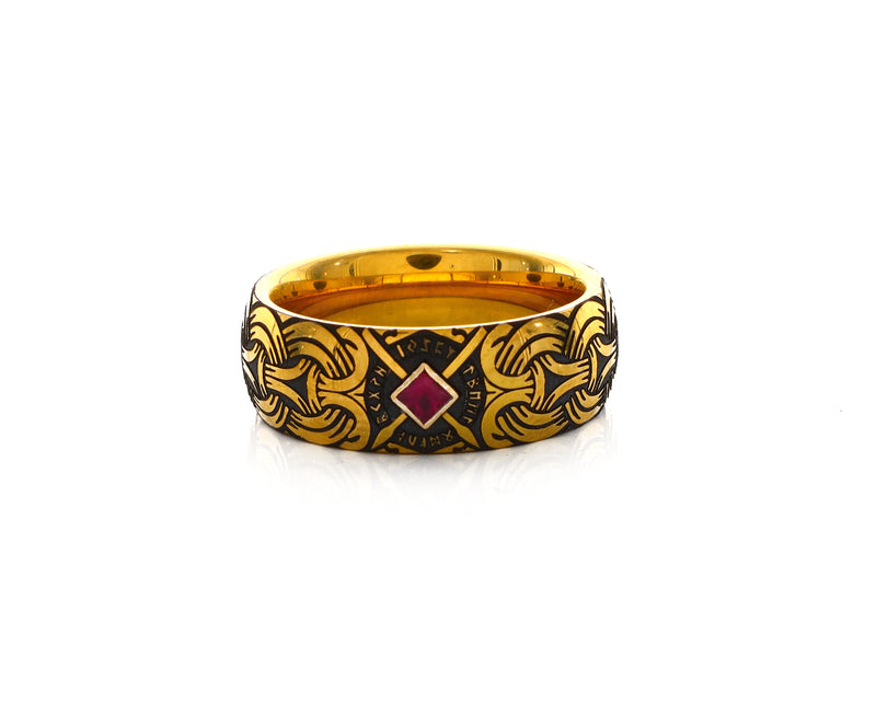 8mm Custom Made Dome Shaped Tungsten Ring with Norse Viking Style Engravings and Square Shaped Ruby