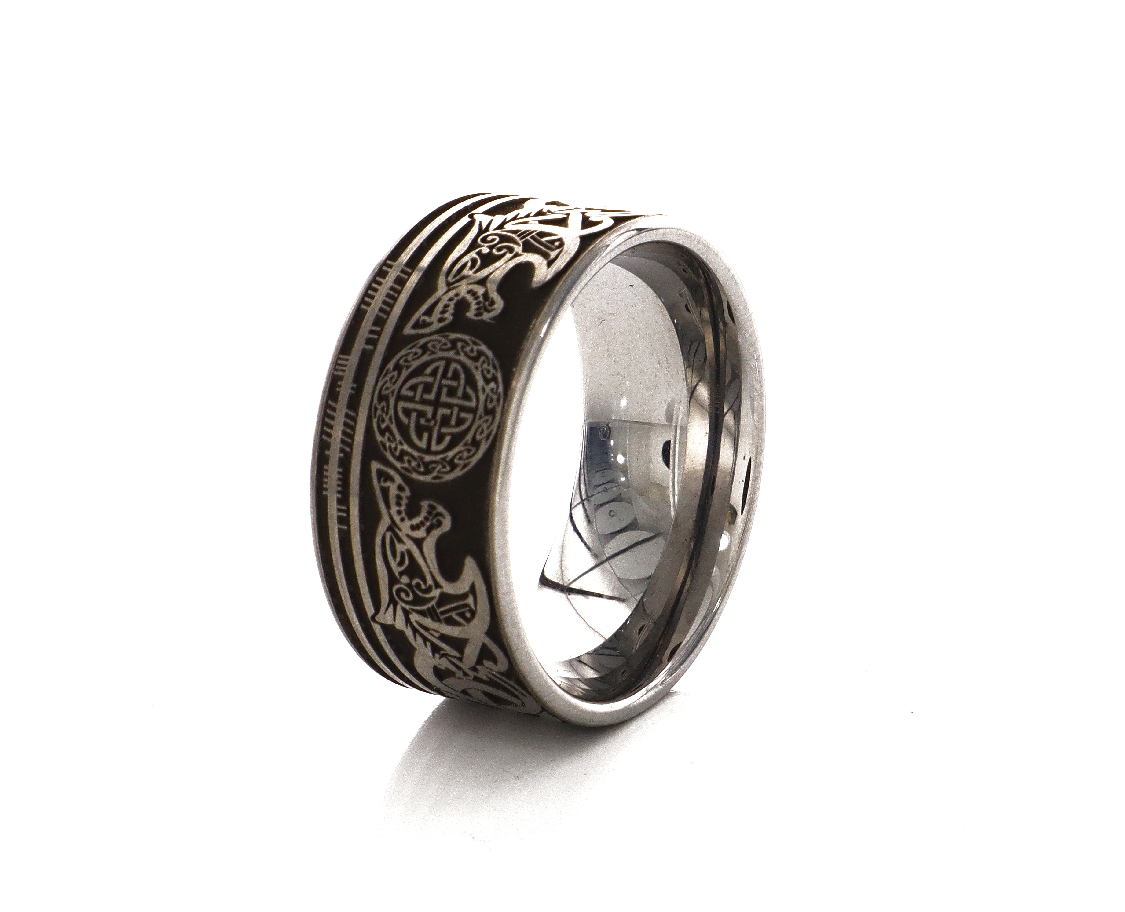 12mm Custom Made Tungsten Ring with Celtic Style Engravings and Wolf Heads