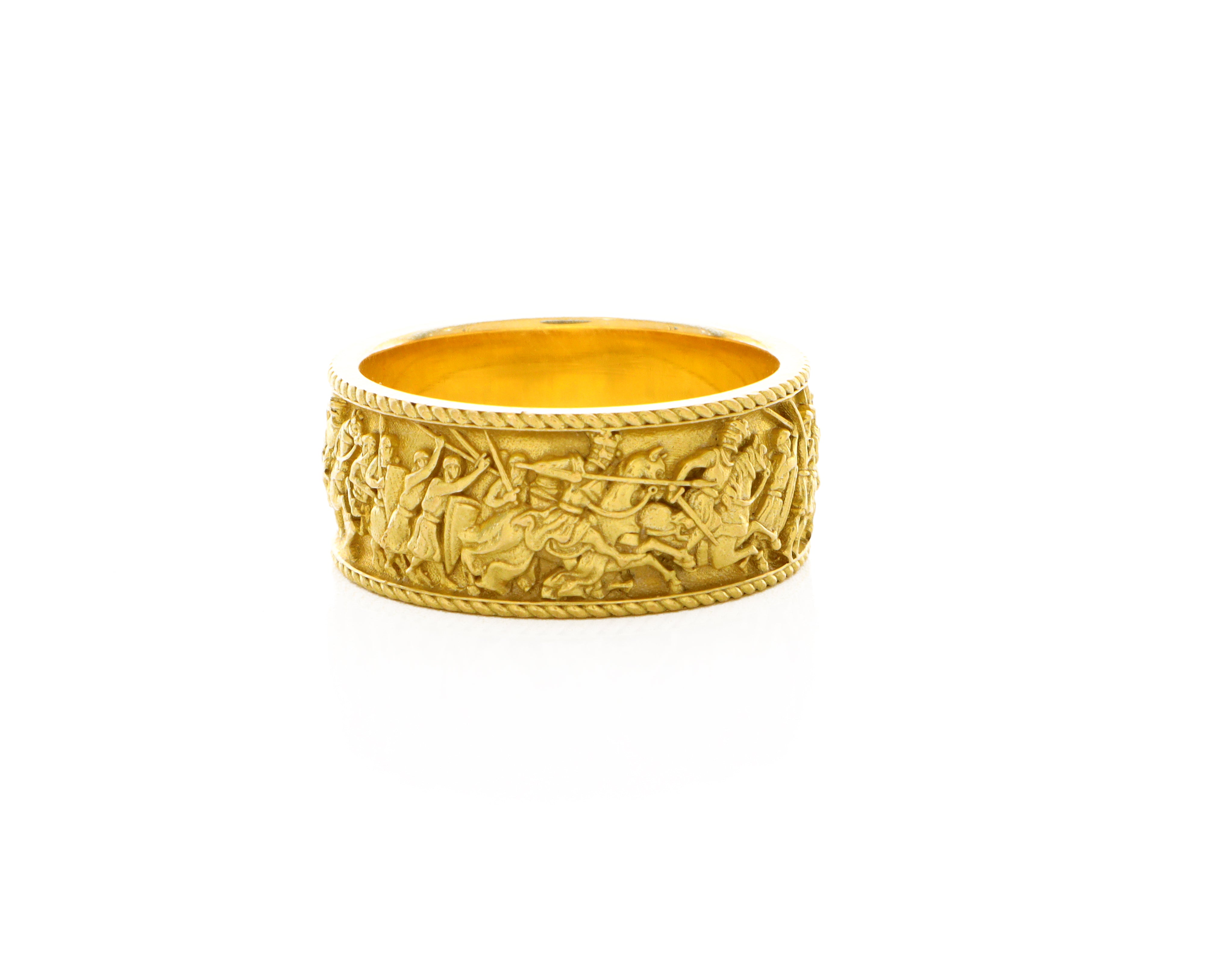 10mm Custom Made, Dome Shaped, Solid Yellow Gold Ring with Medieval Battlefield Depiction