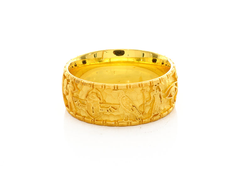 8mm Custom Made Solid Yellow Gold Ring with Egyptian Symbols and Hieroglyphs