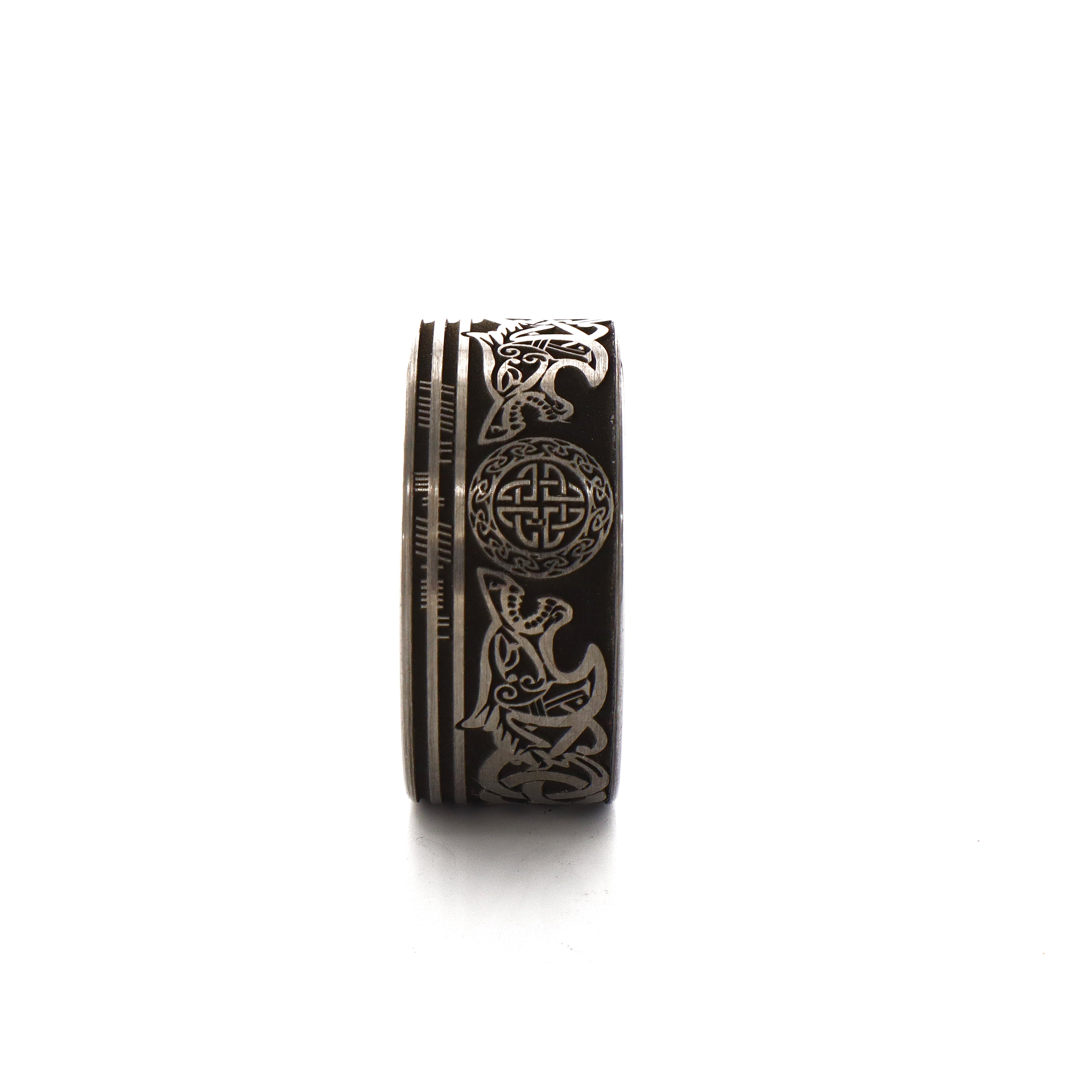 12mm Custom Made Tungsten Ring with Celtic Style Engravings and Wolf Heads