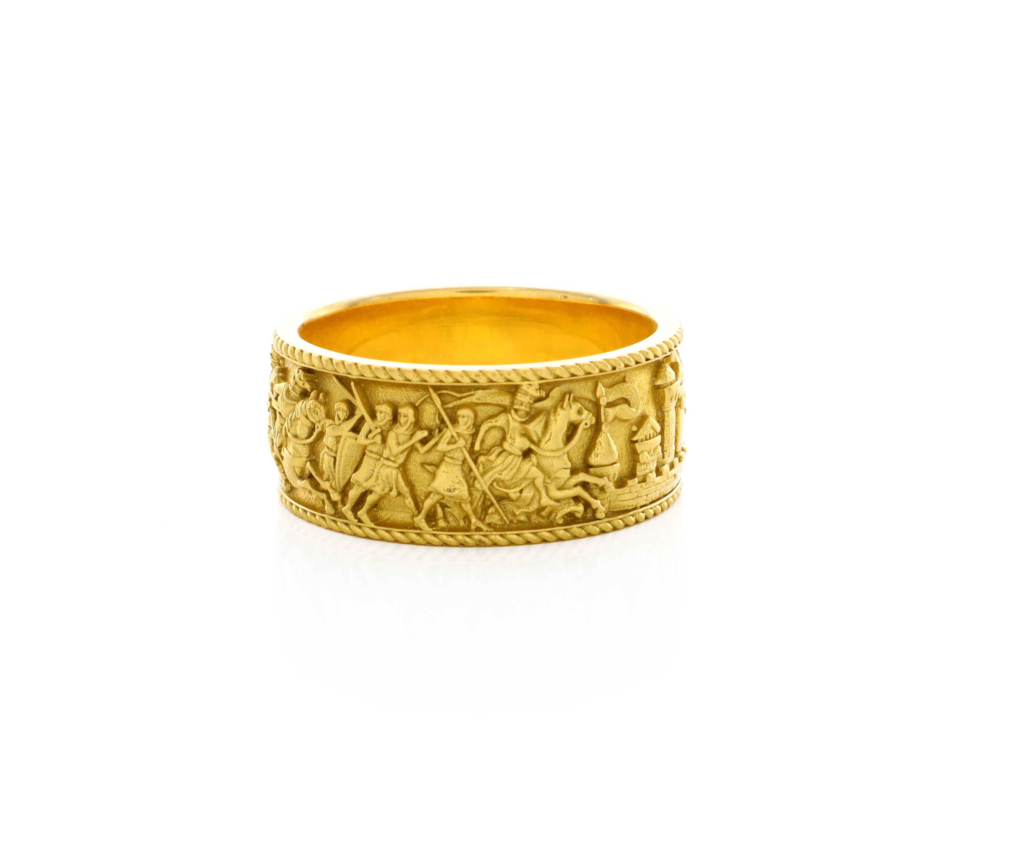 10mm Custom Made, Dome Shaped, Solid Yellow Gold Ring with Medieval Battlefield Depiction