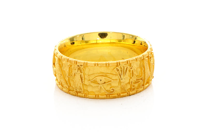 8mm Custom Made Solid Yellow Gold Ring with Egyptian Symbols and Hieroglyphs