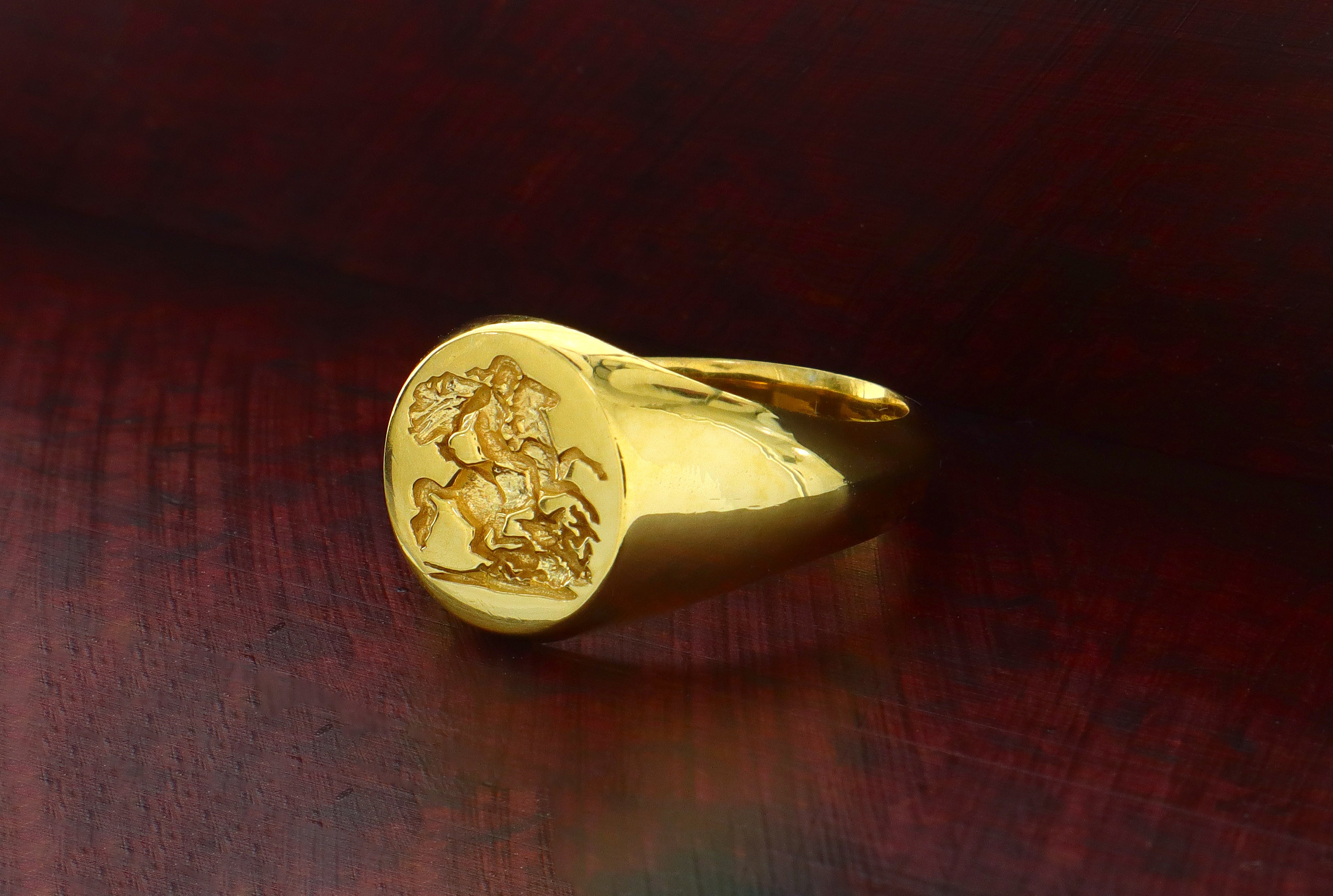 St George the Dragon Slayer, Wax Seal Signet Ring, 14k Solid Yellow Gold Ring with St George Slaying the Dragon