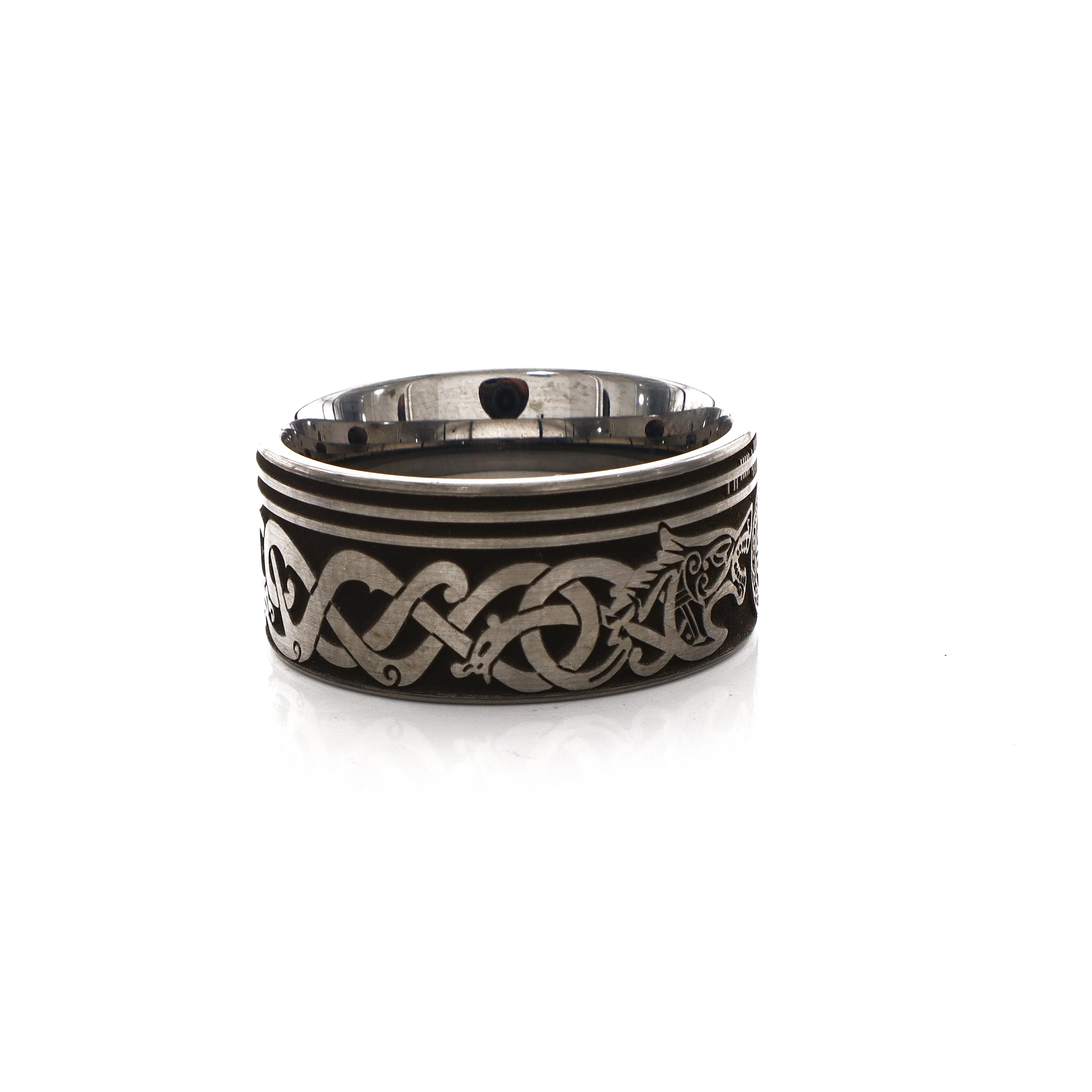 12mm Custom Made Tungsten Ring with Celtic Style Engravings and Wolf Heads