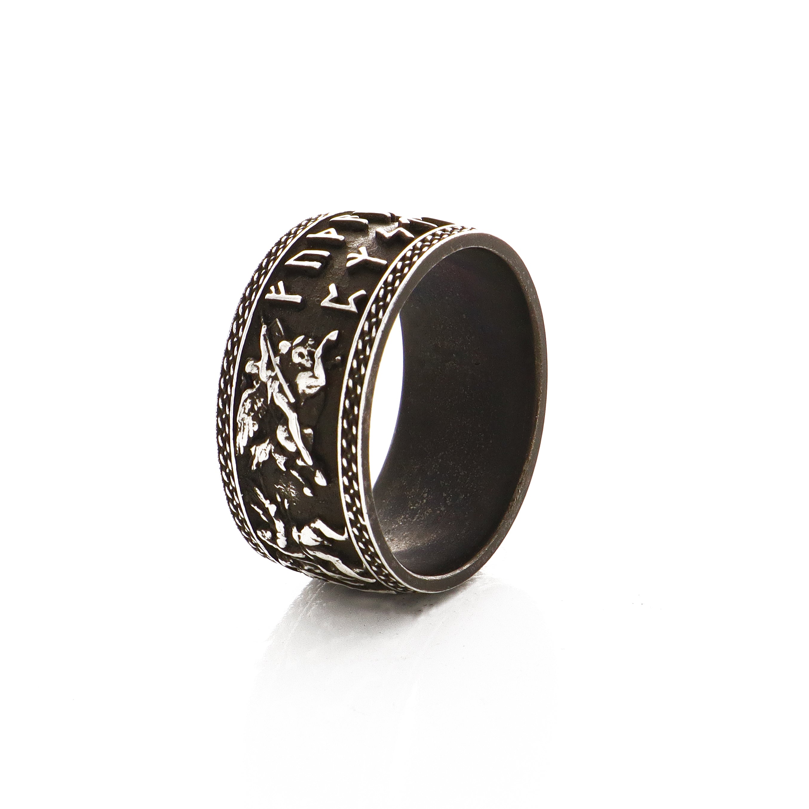 10mm Custom Made, Silver Ring with Norse Runes, Valkyrie Leading Viking Warriors