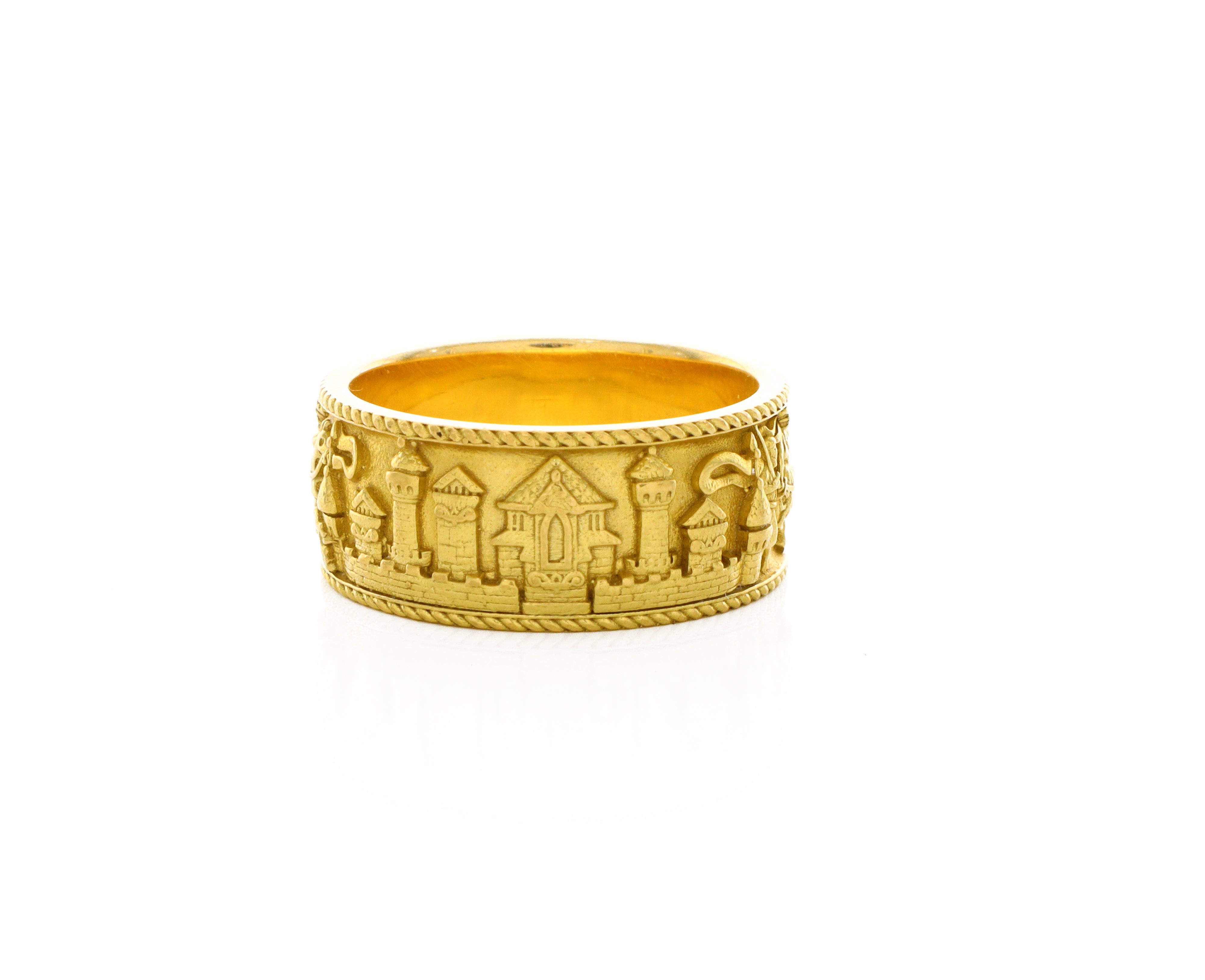10mm Custom Made, Dome Shaped, Solid Yellow Gold Ring with Medieval Battlefield Depiction