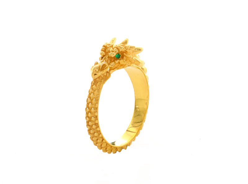 Ouroboros Dragon, Emerald Gemstones, 14k Solid Yellow Gold Ring