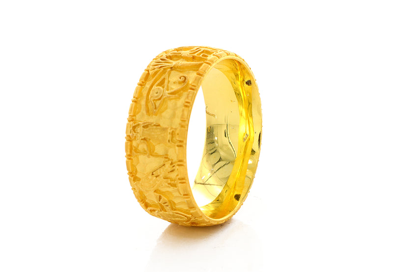 8mm Custom Made Solid Yellow Gold Ring with Egyptian Symbols and Hieroglyphs