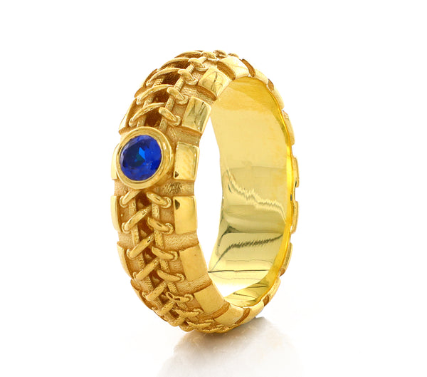8mm Custom Made, Dome Shaped Solid Yellow Gold Ring with Blue Sapphire and Braids