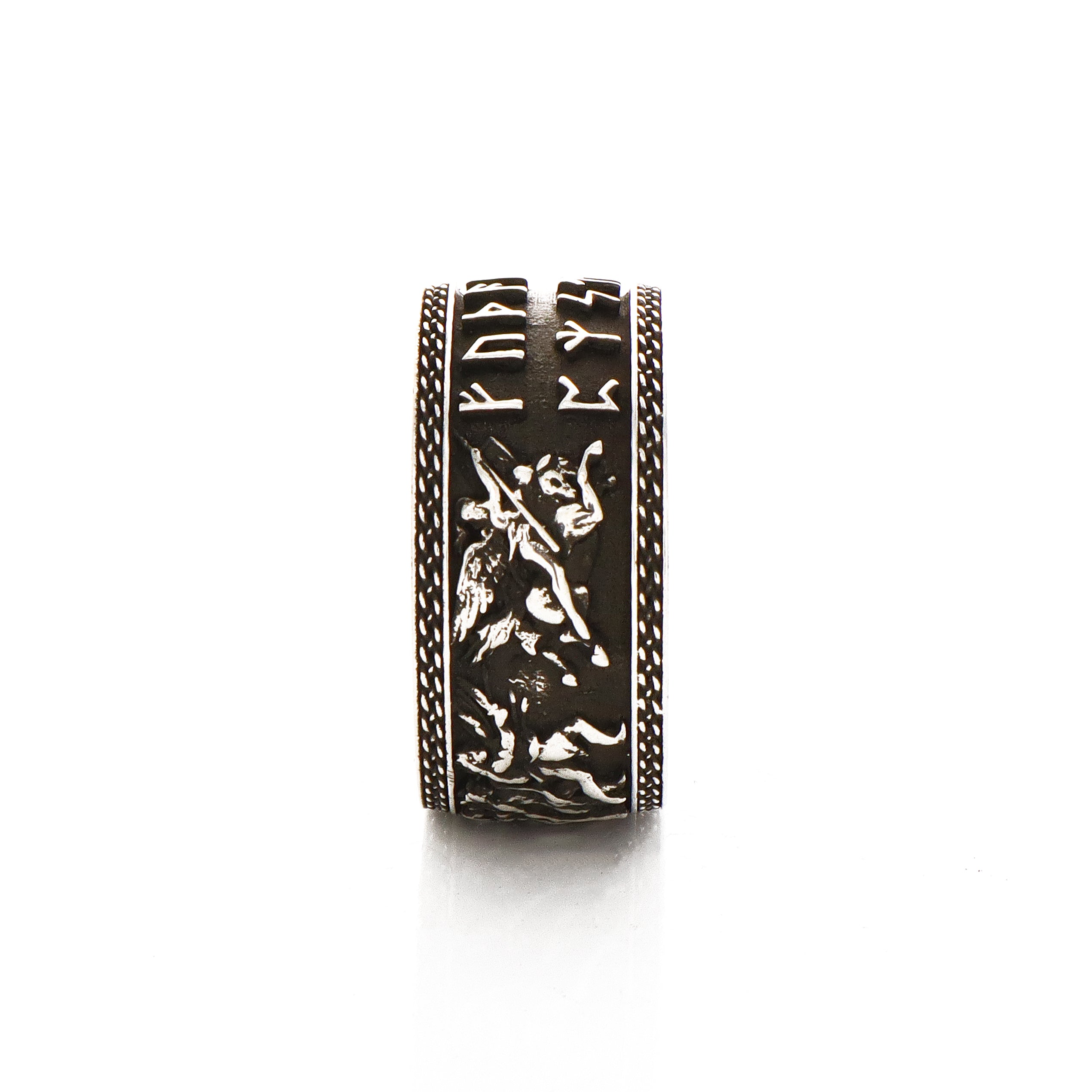 10mm Custom Made, Silver Ring with Norse Runes, Valkyrie Leading Viking Warriors