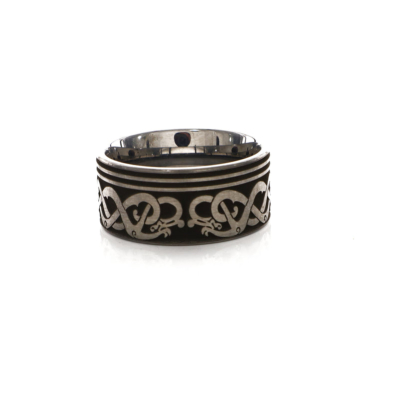 12mm Custom Made Tungsten Ring with Celtic Style Engravings and Wolf Heads