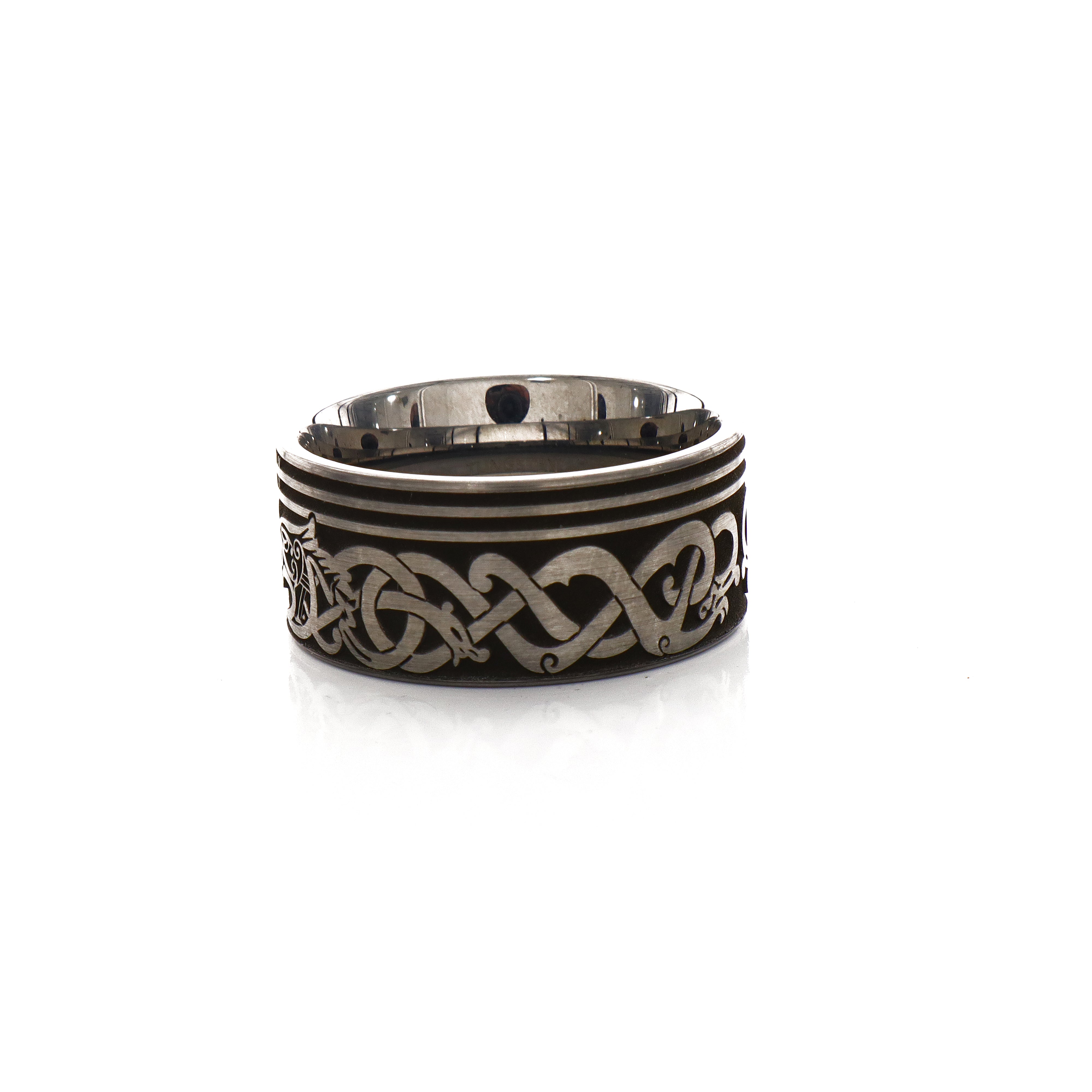 12mm Custom Made Tungsten Ring with Celtic Style Engravings and Wolf Heads