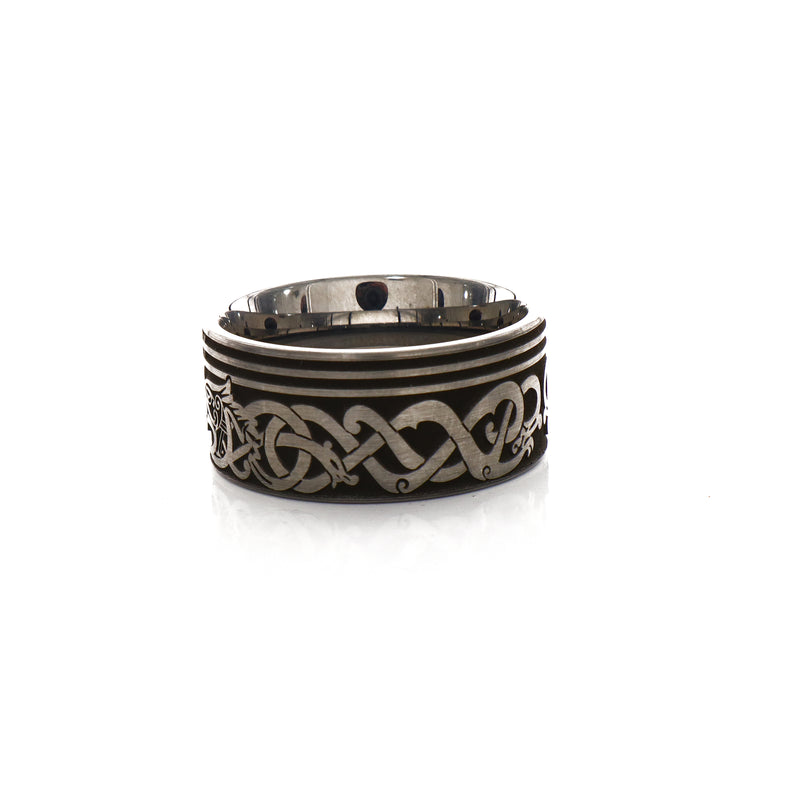 12mm Custom Made Tungsten Ring with Celtic Style Engravings and Wolf Heads