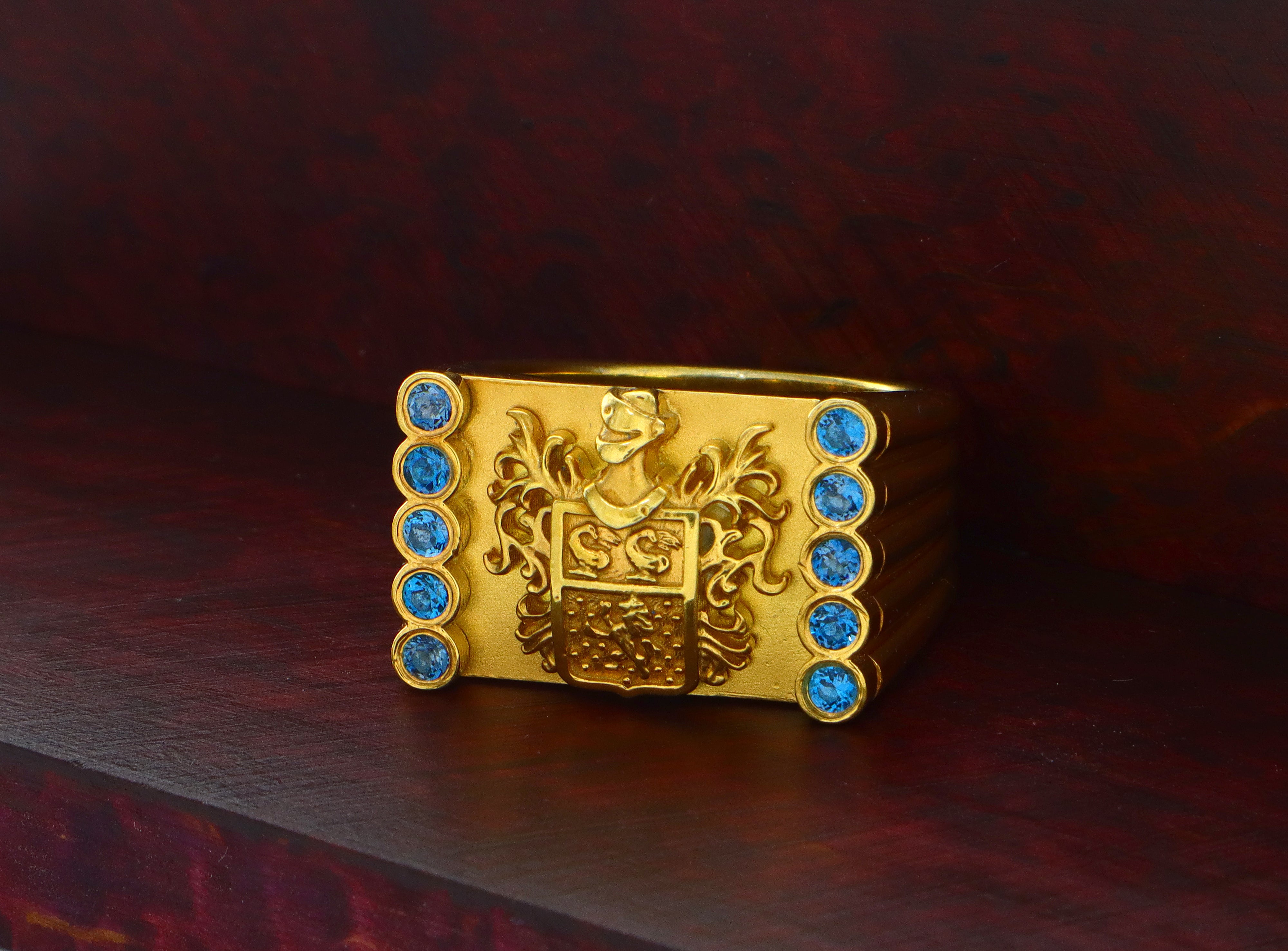 Yellow Gold Family Crest Signet Ring with Topaz Gemstones