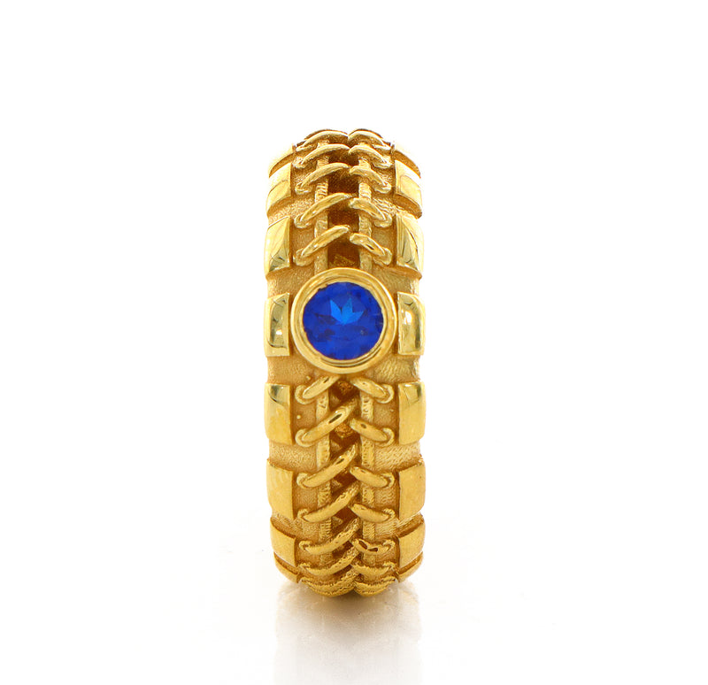 8mm Custom Made, Dome Shaped Solid Yellow Gold Ring with Blue Sapphire and Braids
