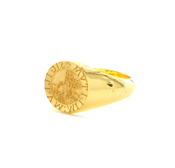 Knights Templar Wax Seal Signet Ring, 14k Solid Yellow Gold Ring with Two Knights On A Horse