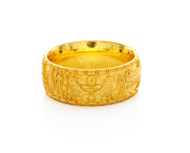 8mm Custom Made Solid Yellow Gold Ring with Egyptian Symbols and Hieroglyphs