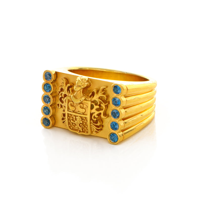 Yellow Gold Family Crest Signet Ring with Topaz Gemstones