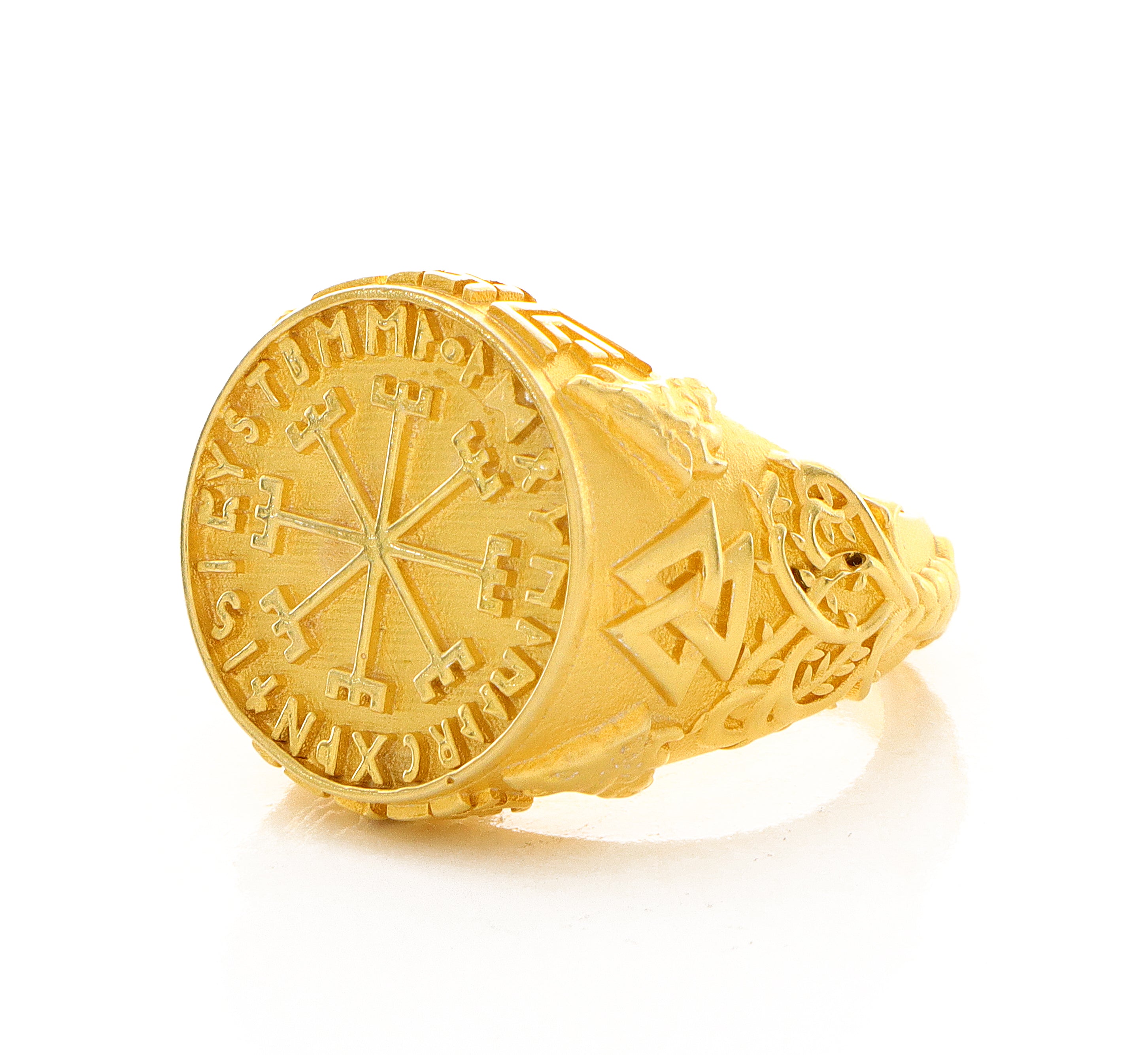 Solid 14k Yellow Gold Signet Ring with Norse Viking Symbols