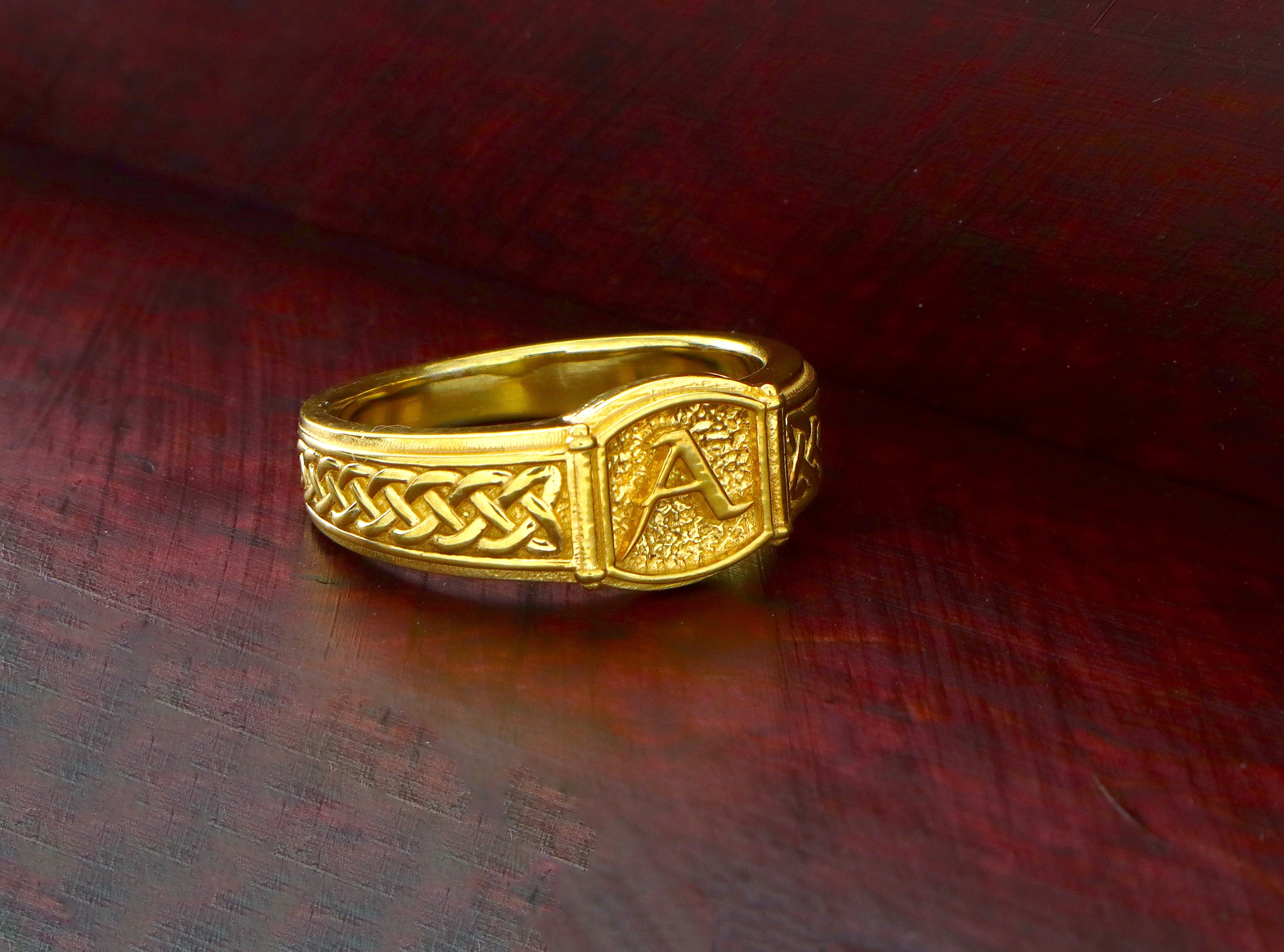 Norse Style Initial, 14k Solid Yellow Gold Signet Ring