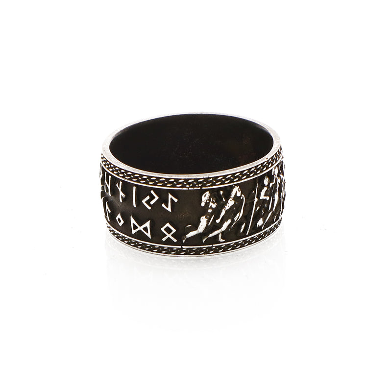 10mm Custom Made, Silver Ring with Norse Runes, Valkyrie Leading Viking Warriors