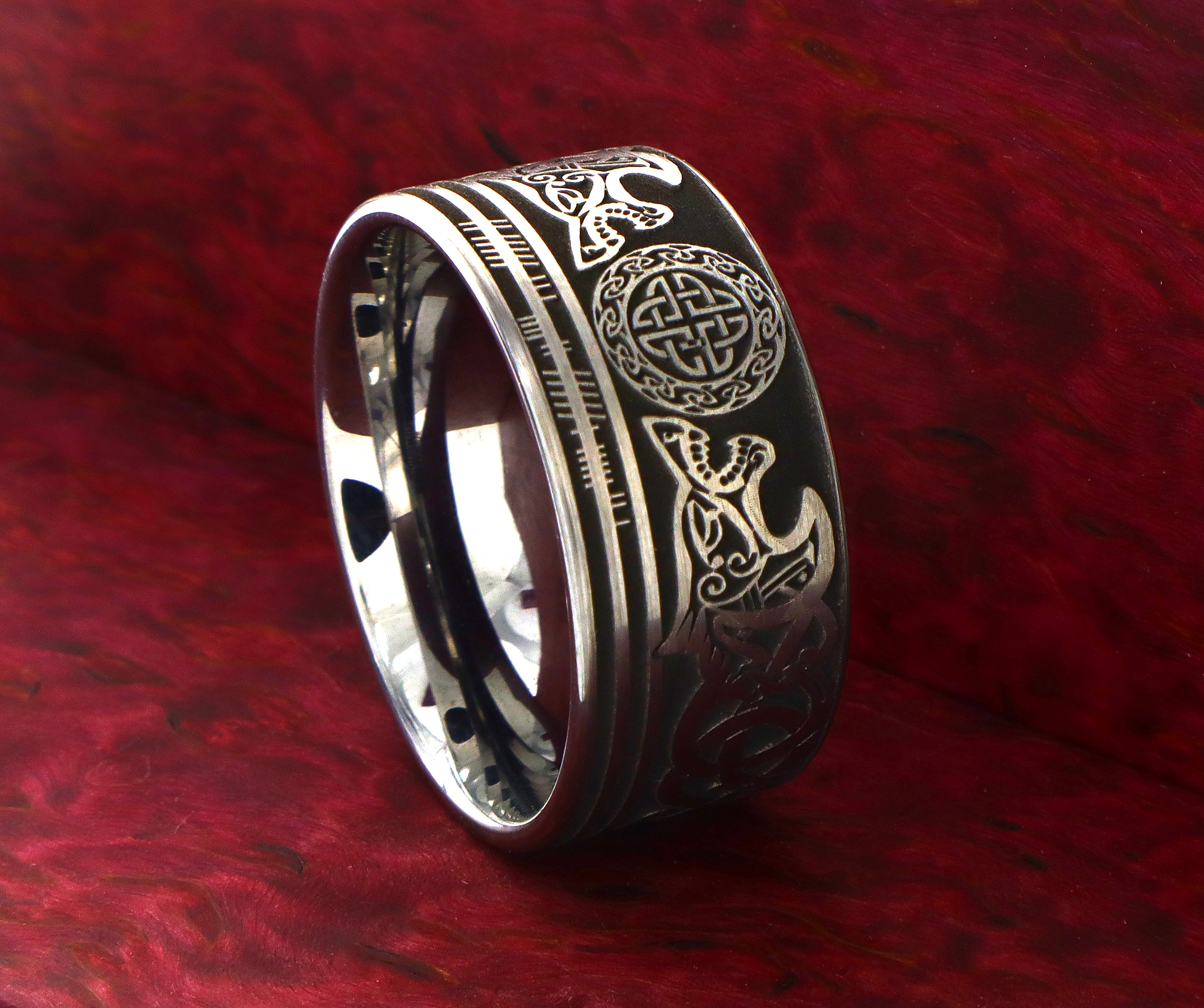 12mm Custom Made Tungsten Ring with Celtic Style Engravings and Wolf Heads