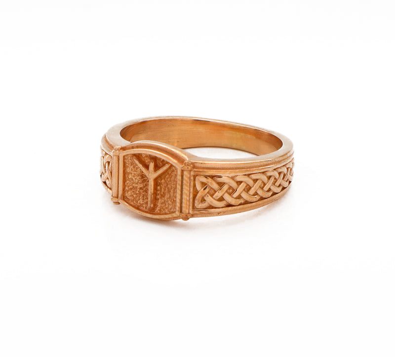 Norse Algiz Rune with Braids, 14k Solid Rose Gold Signet Ring