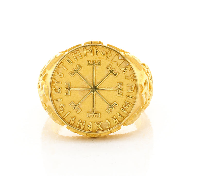 Solid 14k Yellow Gold Signet Ring with Norse Viking Symbols