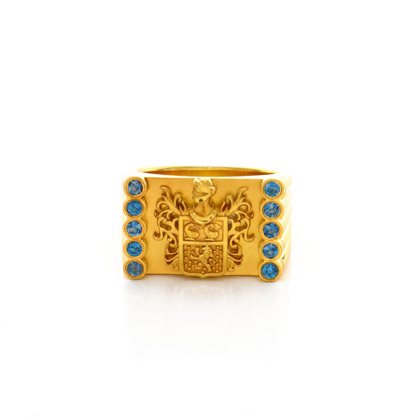 Yellow Gold Family Crest Signet Ring with Topaz Gemstones