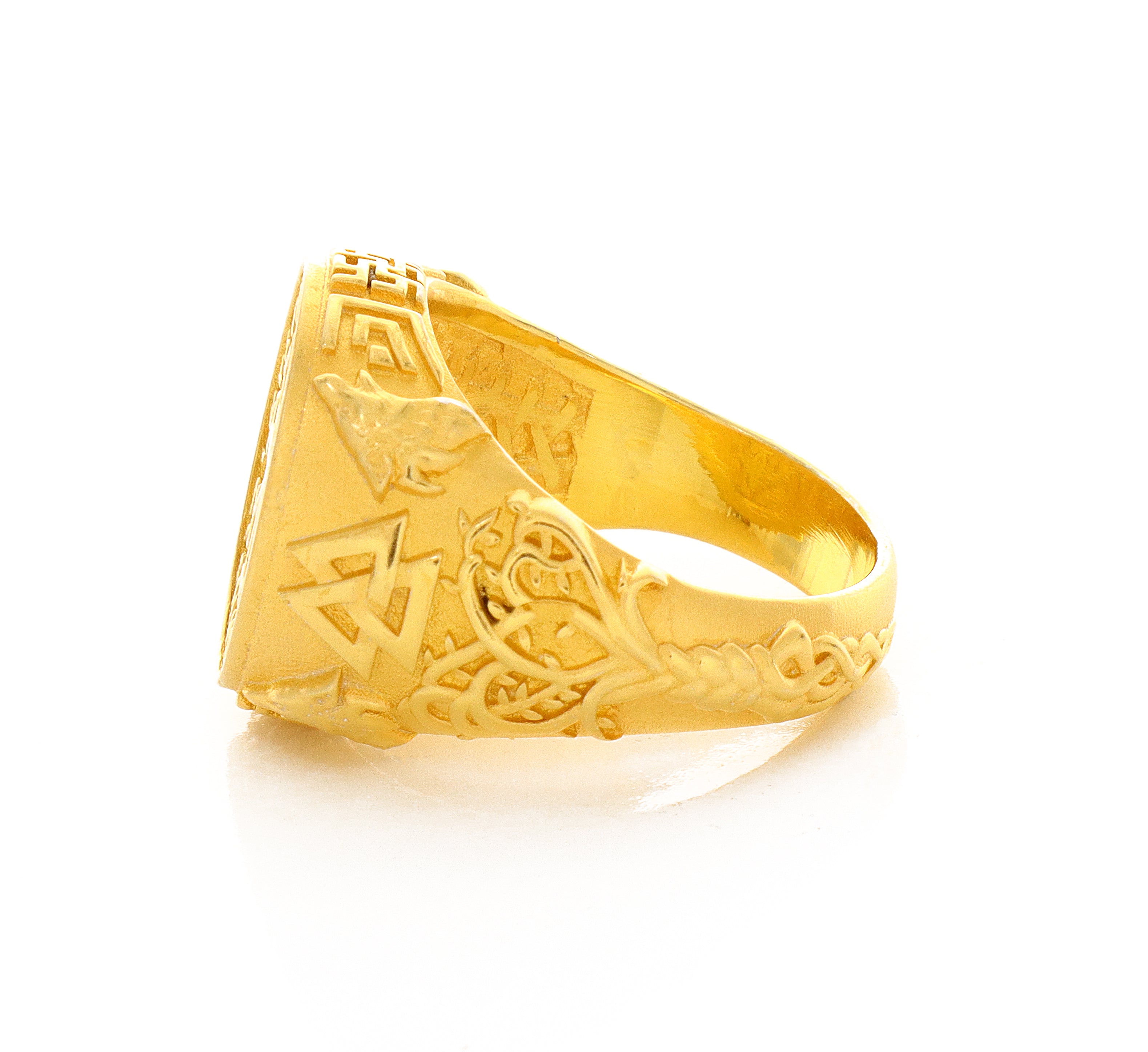 Solid 14k Yellow Gold Signet Ring with Norse Viking Symbols