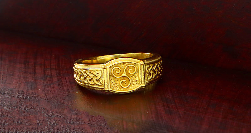 Celtic Triskelion with Braids, 14k Solid Yellow Gold Signet Ring