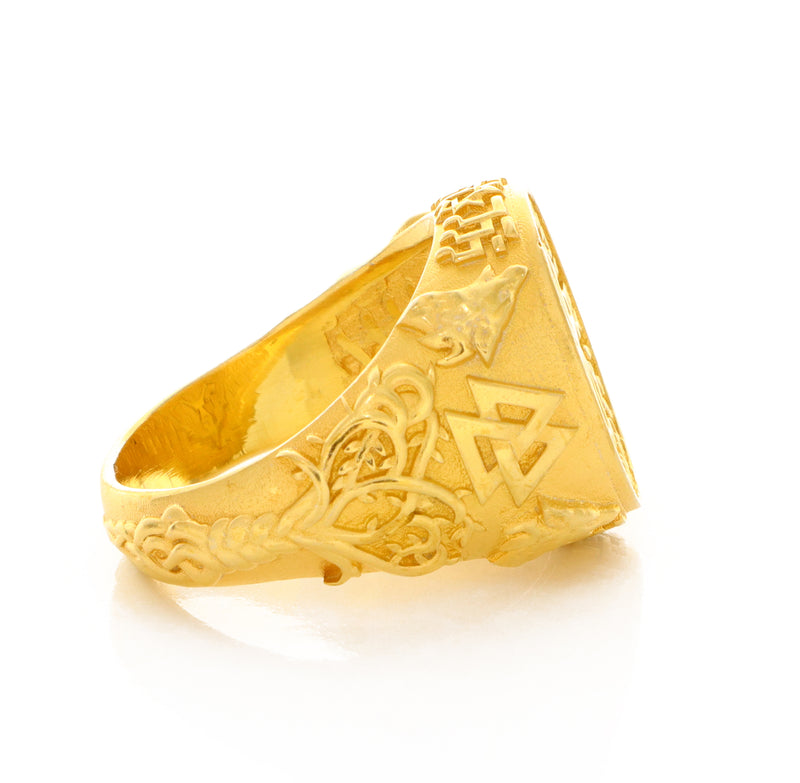 Solid 14k Yellow Gold Signet Ring with Norse Viking Symbols