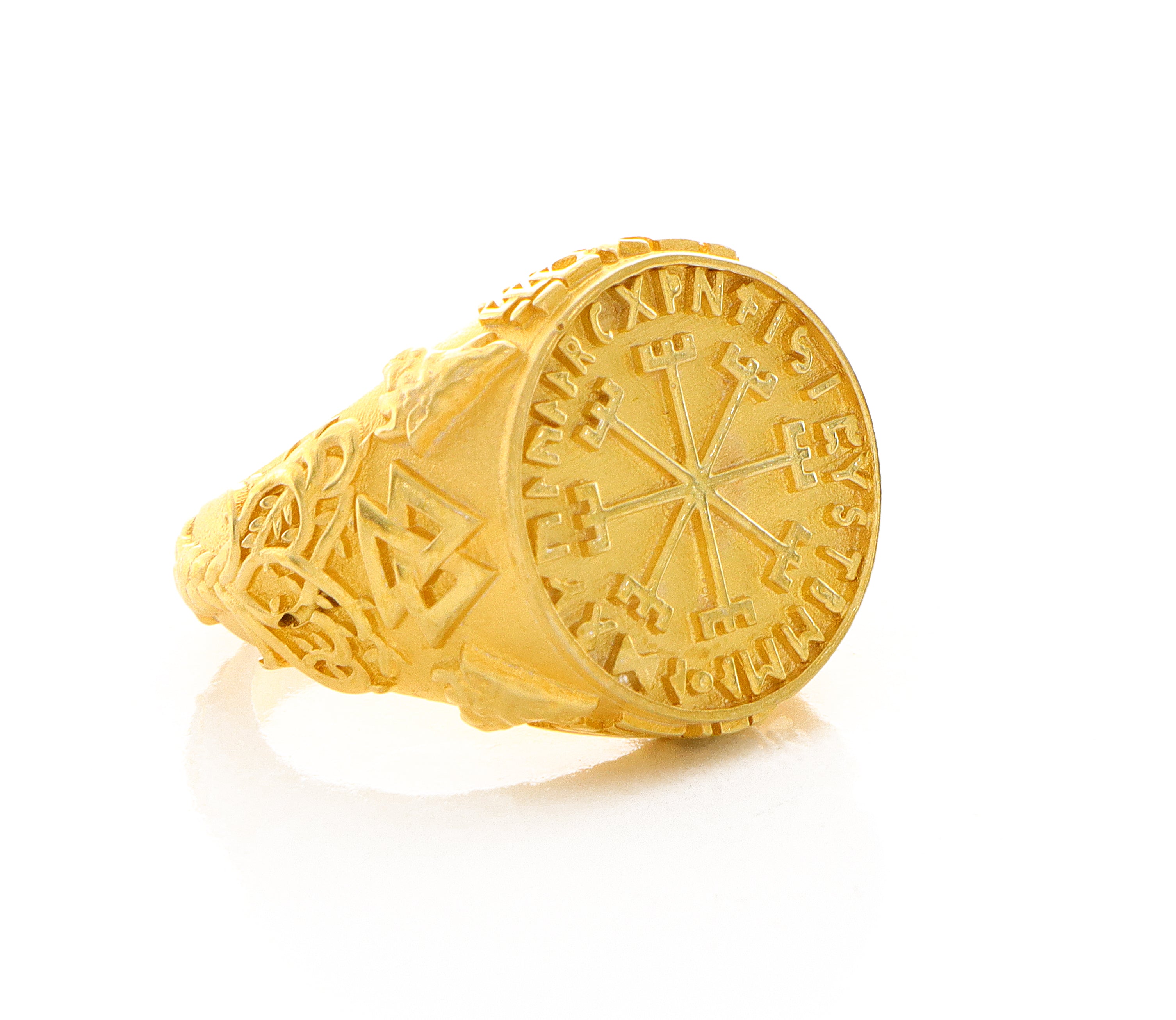Solid 14k Yellow Gold Signet Ring with Norse Viking Symbols
