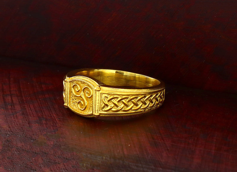 Celtic Triskelion with Braids, 14k Solid Yellow Gold Signet Ring
