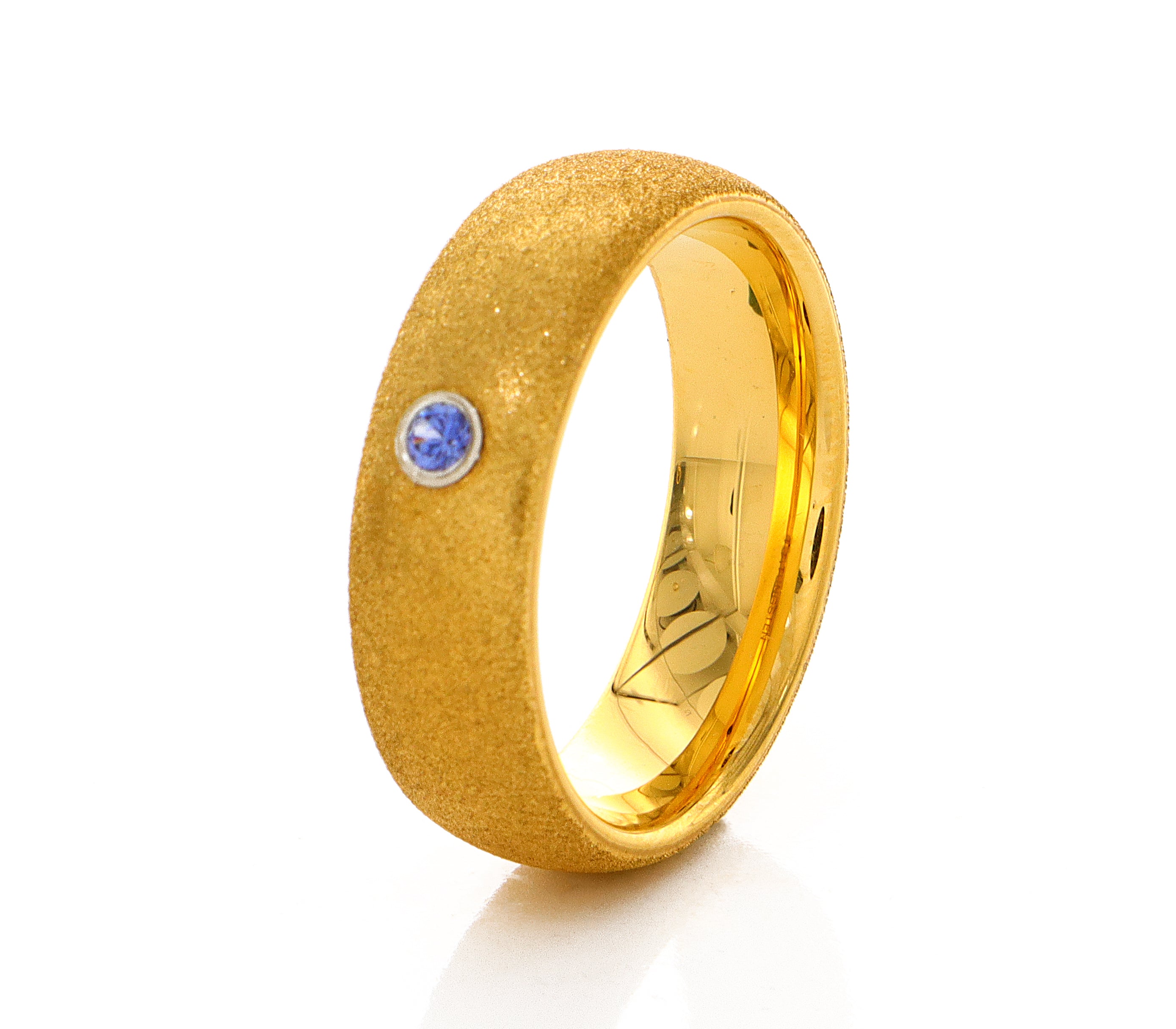 7mm, Custom Made, Dome Shaped Solid Yellow Gold Ring with Round Cut Aquamarine