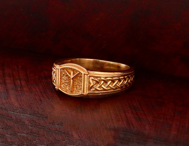 Norse Algiz Rune with Braids, 14k Solid Rose Gold Signet Ring