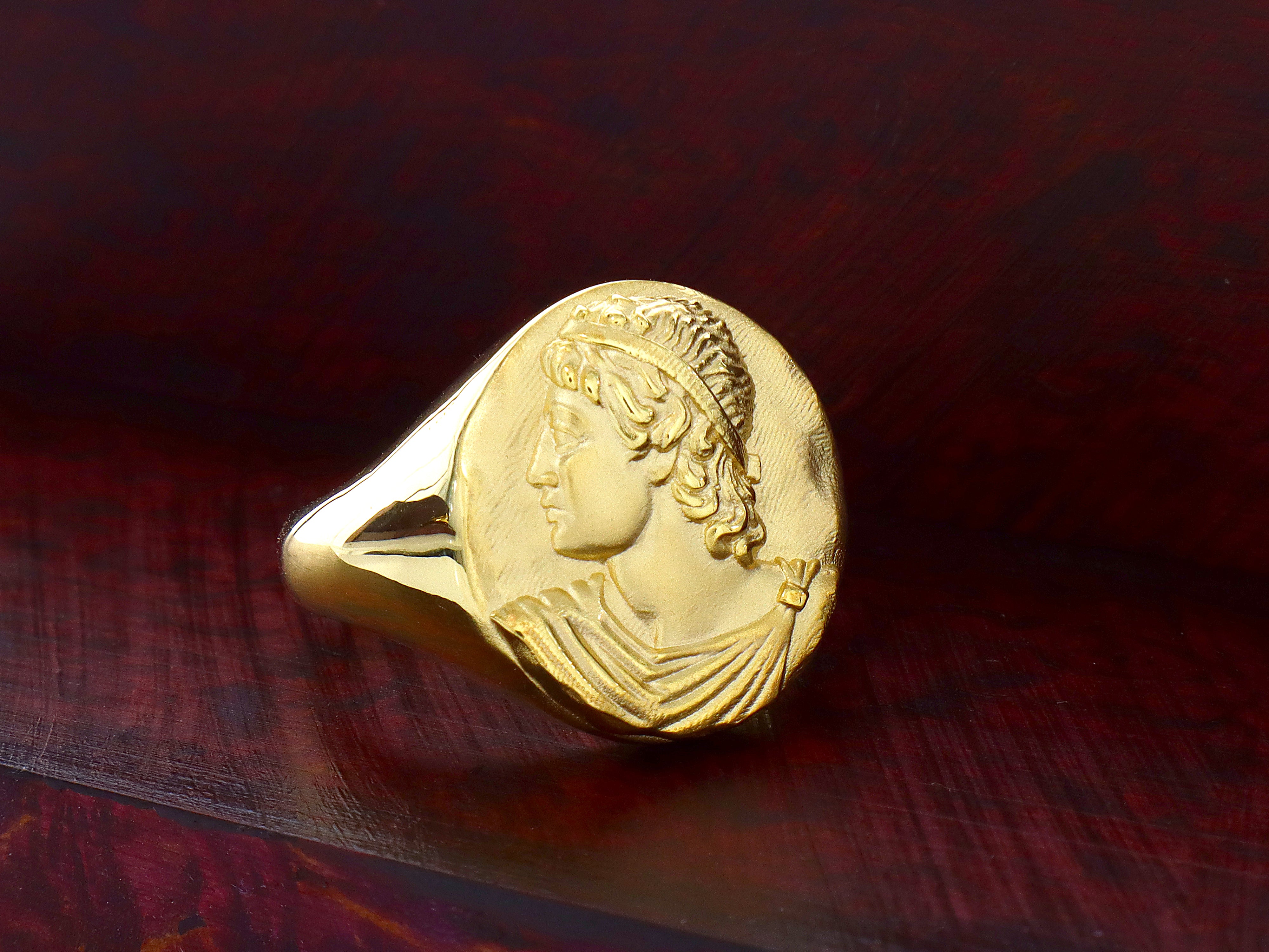 Solid 14k Yellow Gold Signet Ring with Hellenic Greek Side Profile