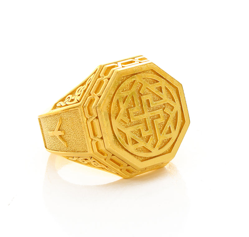 Solid 14k Yellow Gold Signet Ring with Slavic Sun Cross