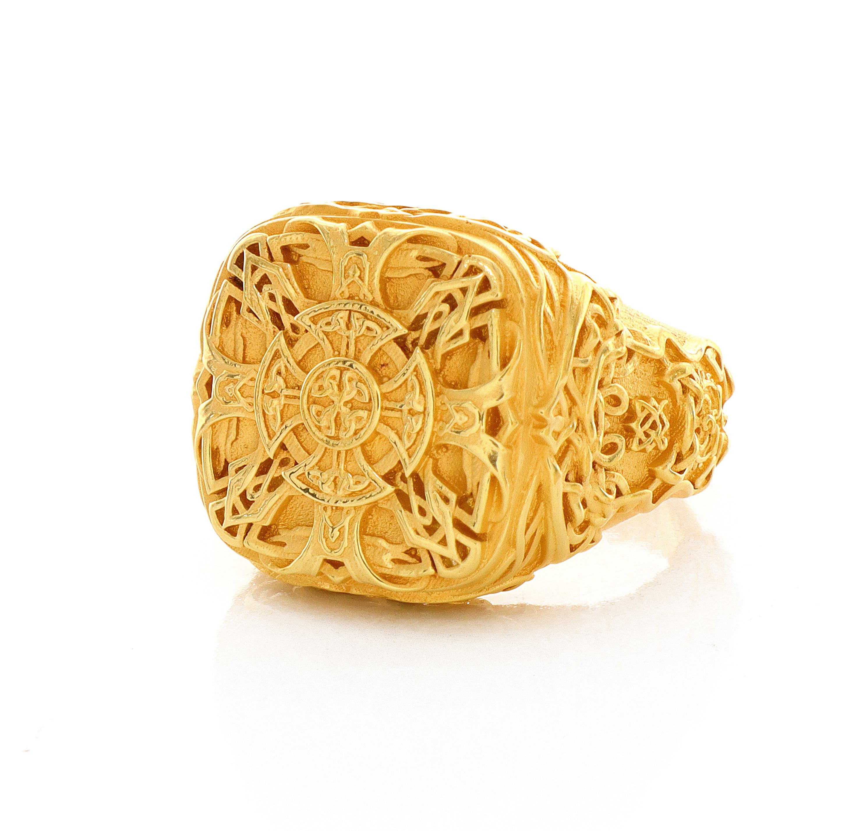Solid 14k Yellow Gold Signet Ring with Celtic Symbols
