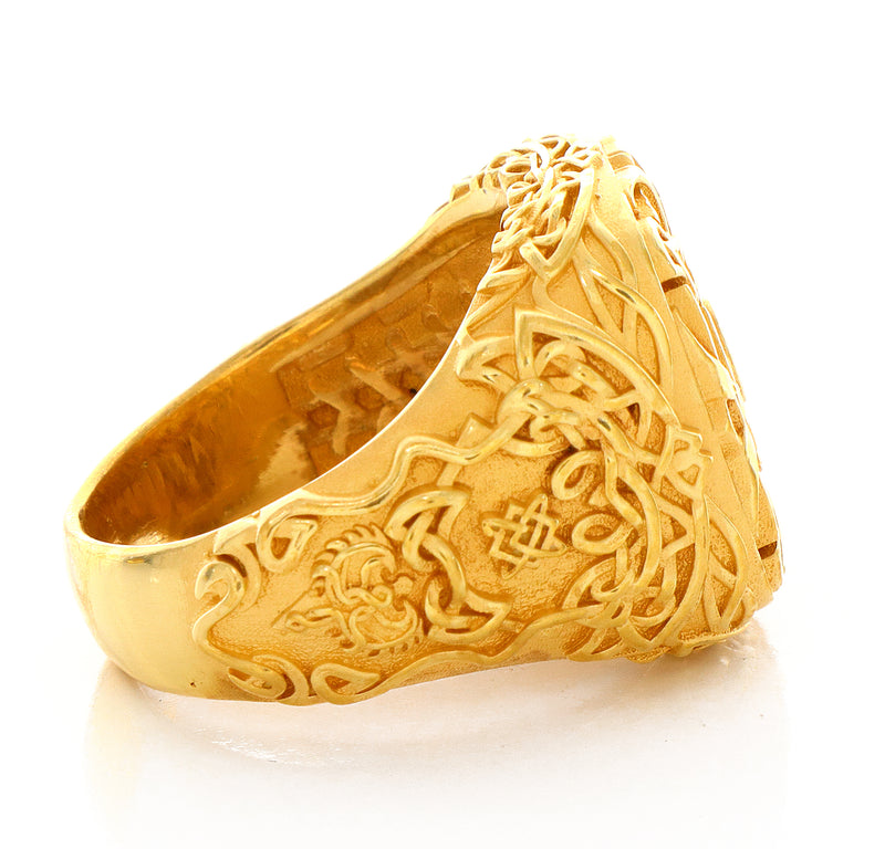 Solid 14k Yellow Gold Signet Ring with Celtic Symbols
