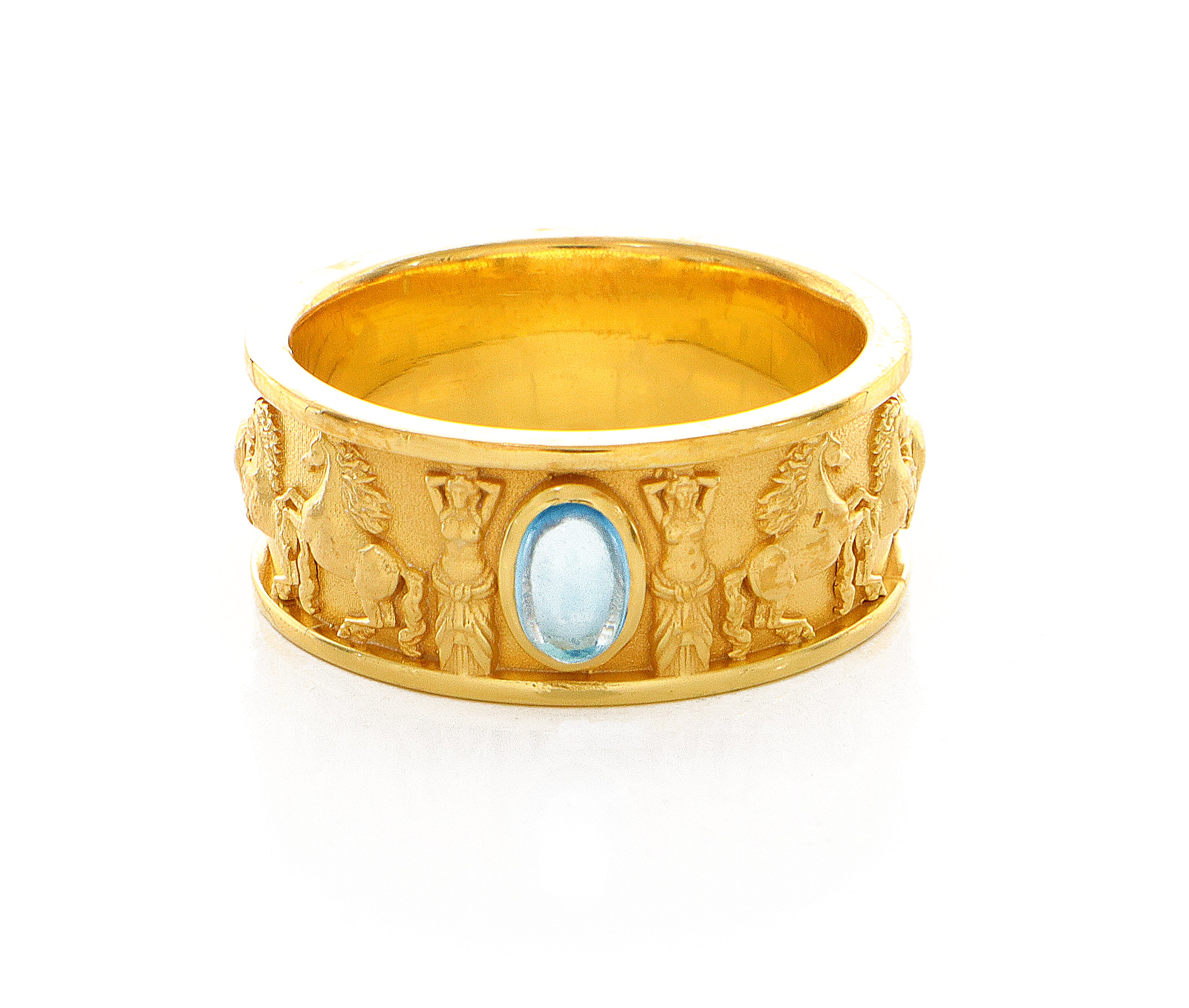 Solid 14k Yellow Gold Signet Ring with Blue Topaz and Symbols of Antiquity