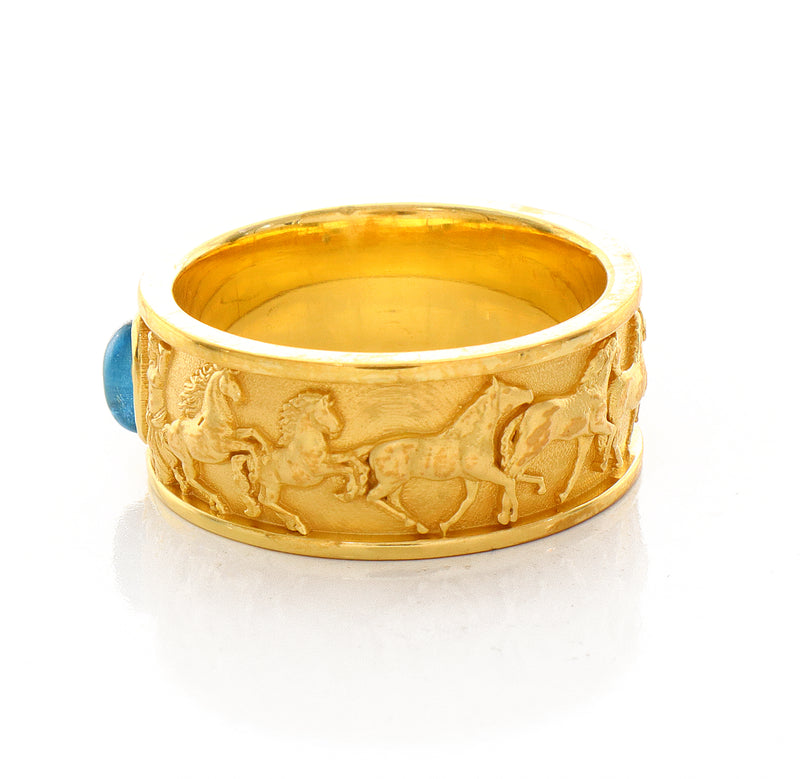 Solid 14k Yellow Gold Signet Ring with Blue Topaz and Symbols of Antiquity