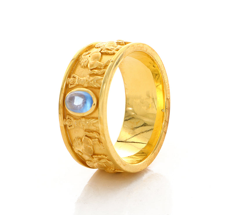 Solid 14k Yellow Gold Signet Ring with Blue Topaz and Symbols of Antiquity