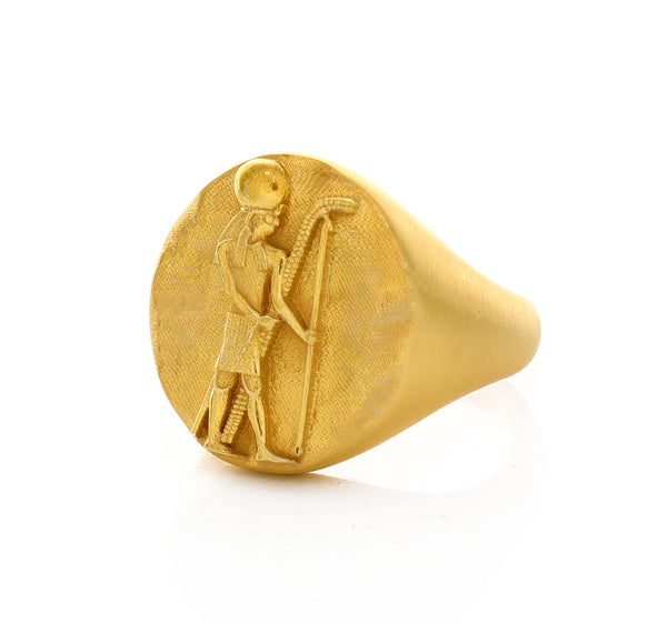 Solid 14k Yellow Gold Signet Ring with Egyptian Deity