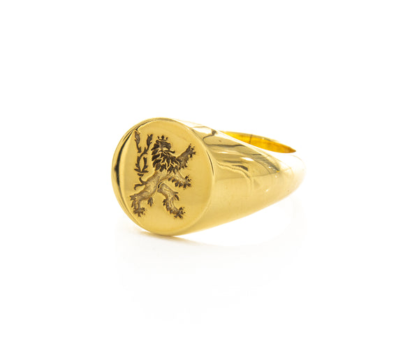 Heraldic Lion Wax Seal Signet Ring, 14k Solid Yellow Gold Ring with Medieval Lion